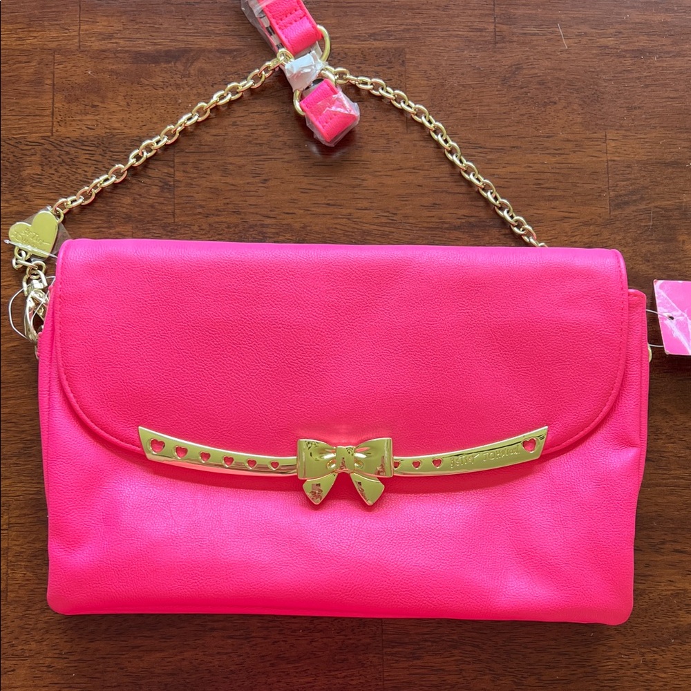 NWT Betsey Johnson Bright Pink Chain Crossbody Bag with Gold Bow Accent